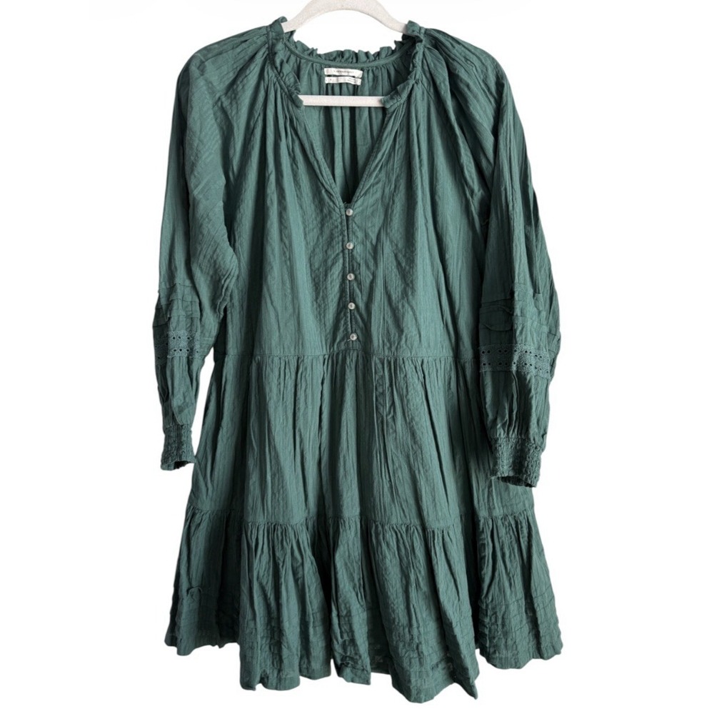 Anthropologie Carrie Mini Dress Green Peasant Tiered Tunic Lace Sleeve Sz S Boho